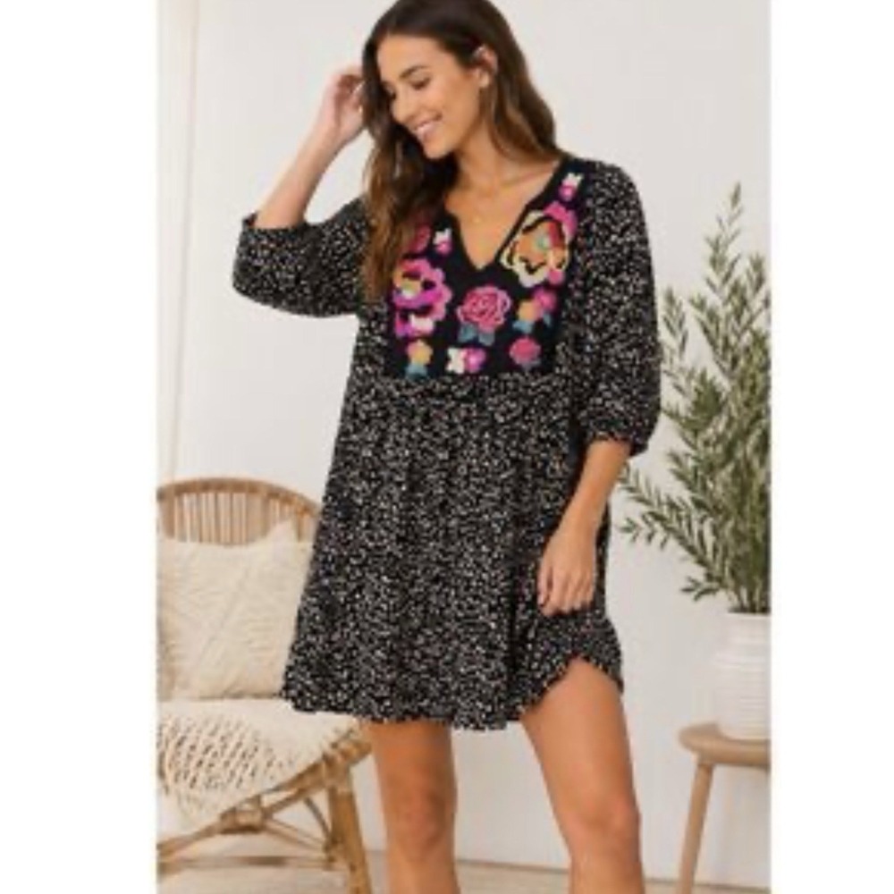 Savanna Jane Black Animal Print Long Sleeve Midi Dress Sz M Embroidered Boho